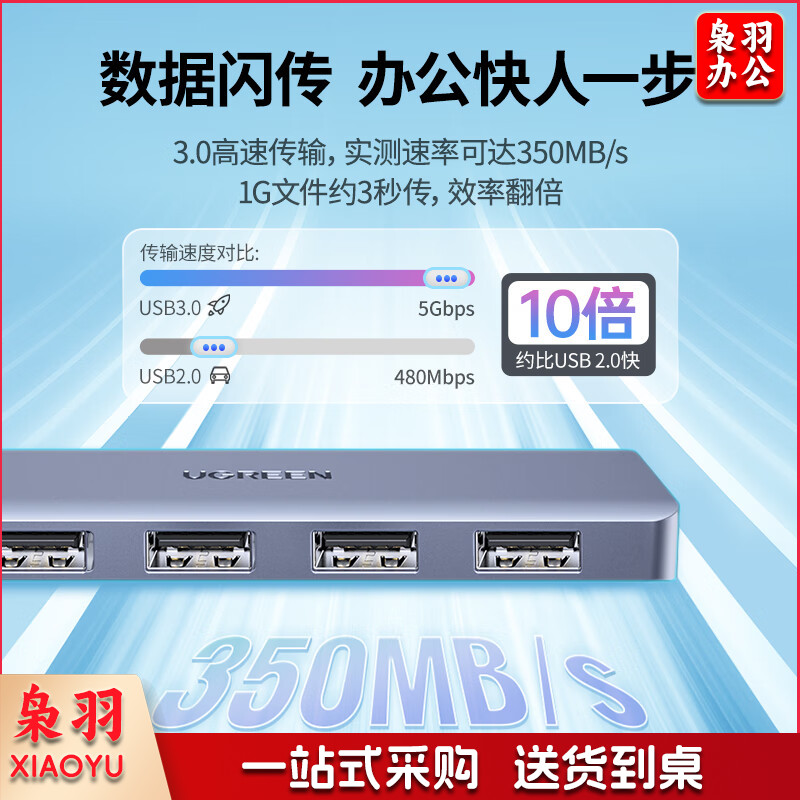 绿联 USB3.0分线器扩展坞 高速4口集线器HUB拓展坞 笔记本电脑一拖多接口转换器转接头延长线带供电口 0.5米
