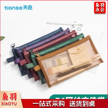 天色 复古色网纱文件袋 笔袋 B6透明文具资料袋 票据整理收纳袋 B6套装-5色 TS-255 BG.808