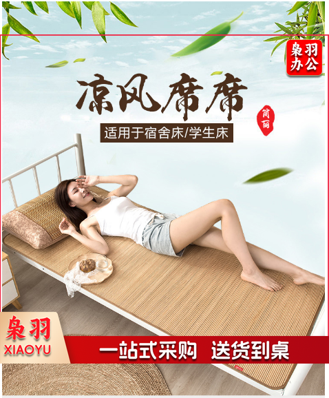 学生凉席竹席 双面竹藤凉席宿舍单人0.9米床上下铺空调席子 90*190cm(不含枕套) 简约席
