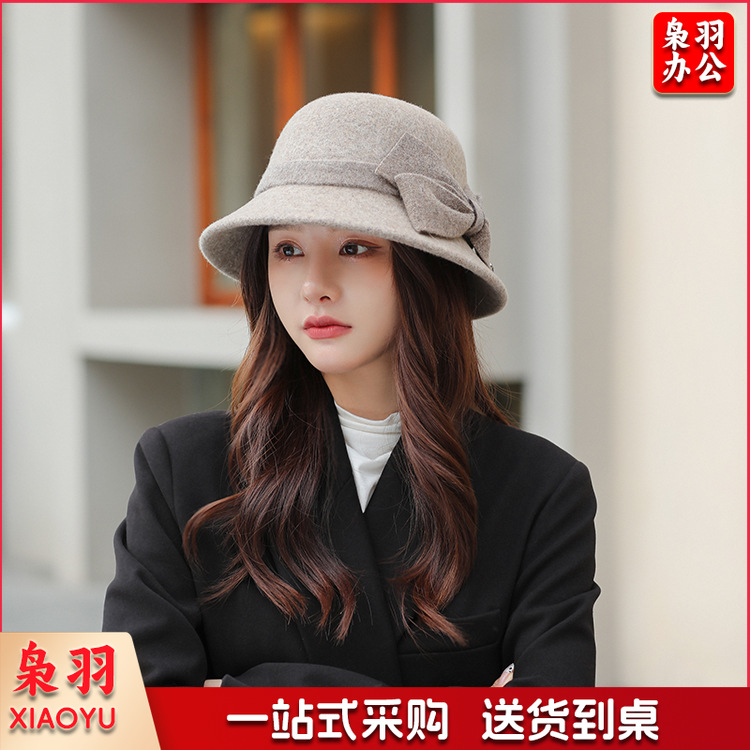 秋冬韩版百搭显脸小毛绒渔夫帽纯色羊毛遮阳帽保暖女士帽子女 卡其色
