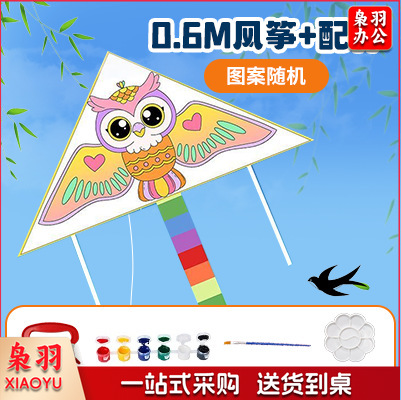 手绘风筝手工diy材料包绘画涂鸦儿童卡通玩具春季户外出游活动（填色风筝+0.6m【30m线+6色颜料+画笔+色盘】）