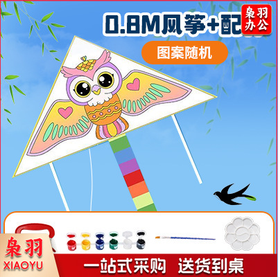 手绘风筝手工diy材料包绘画涂鸦儿童卡通玩具春季户外出游活动（填色风筝【0.8m】+30m线）