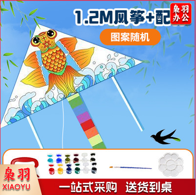 手绘风筝手工diy材料包绘画涂鸦儿童卡通玩具春季户外出游活动（填色风筝+1.2m【50m线+12色颜料+画笔+色盘】）