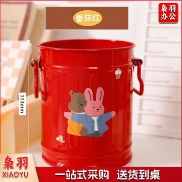 高颜值铁艺复古笔筒学生创意收纳盒高级感轻奢办公文具桌面摆件化妆刷收纳 番茄红