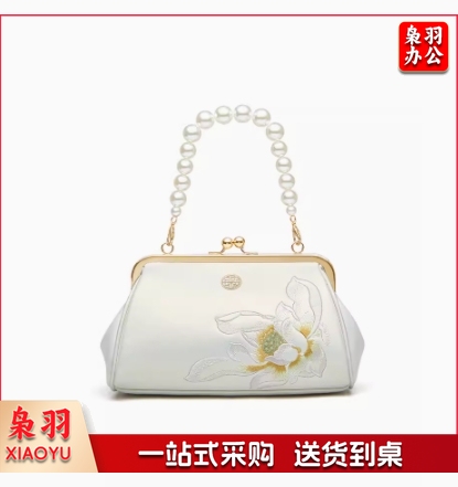 Pmsix天煦爱莲说 新中式国风旗袍汉服 手提单肩斜挎绣花牛皮小包女 珠光白