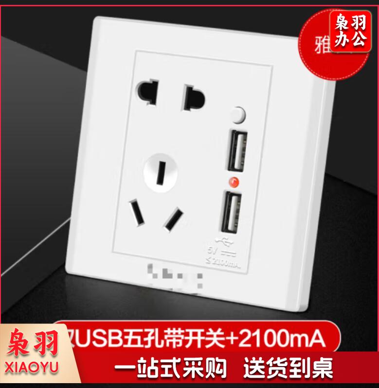 墙壁插排5五孔插座带usb开关面板多功能接口手机快充电家用明暗装 白五孔双USB带开关