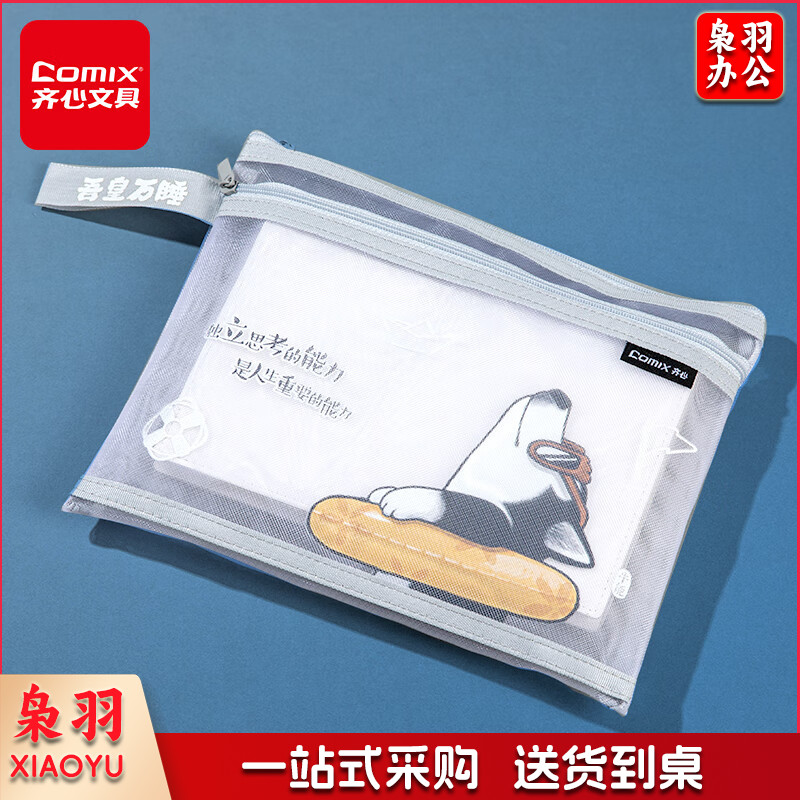 齐心（Comix）吾皇万睡A5文件袋透明双层网纱拉链袋档案袋办公资料袋试卷票据收纳袋 灰色WHA3368
