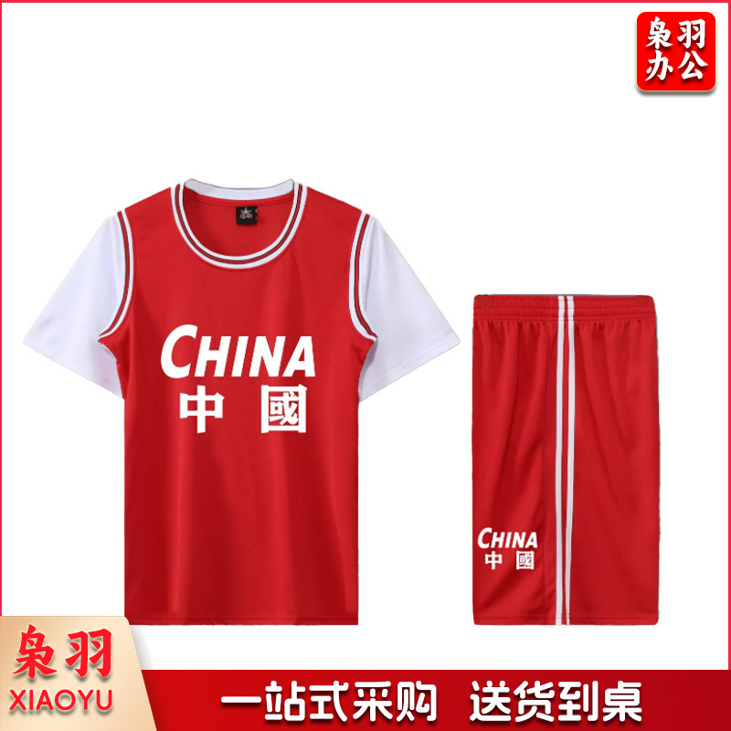 新款儿童篮球服批发假两件运动套装体能短袖可印字春夏印号logo