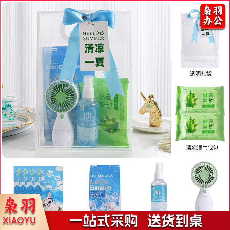 夏日防暑降温包套装礼品公司送员工福利夏季清凉礼包护士节(冰点套餐2（风扇+冰袖+清凉喷雾+湿巾+冰凉贴+吊牌）)