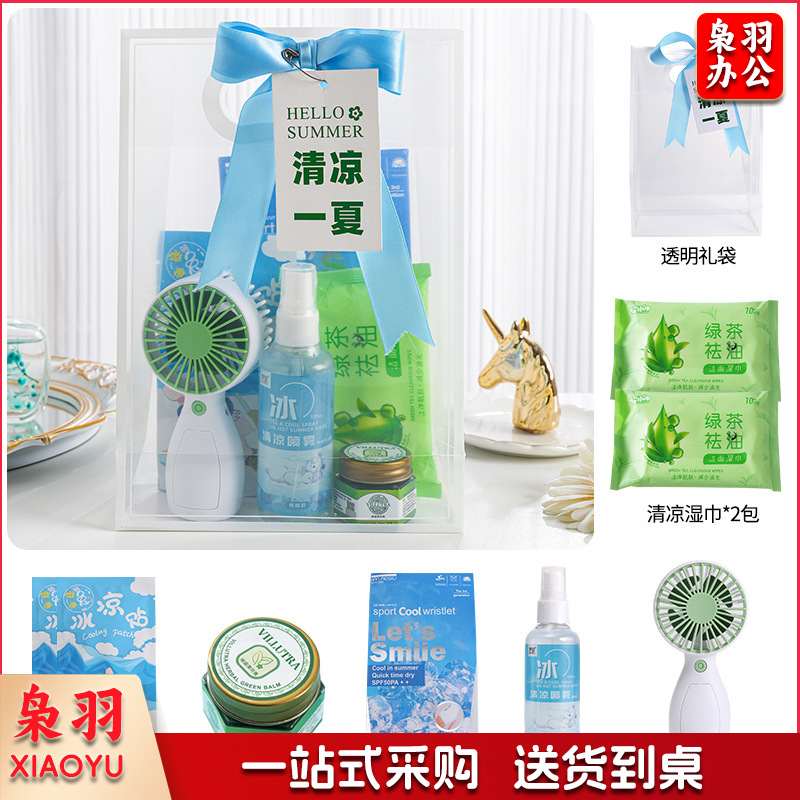 夏日防暑降温包套装礼品公司送员工福利夏季清凉礼包护士节(冰点套餐3（风扇+冰袖+清凉喷雾+驱蚊膏+冰凉贴+湿巾+吊牌）)