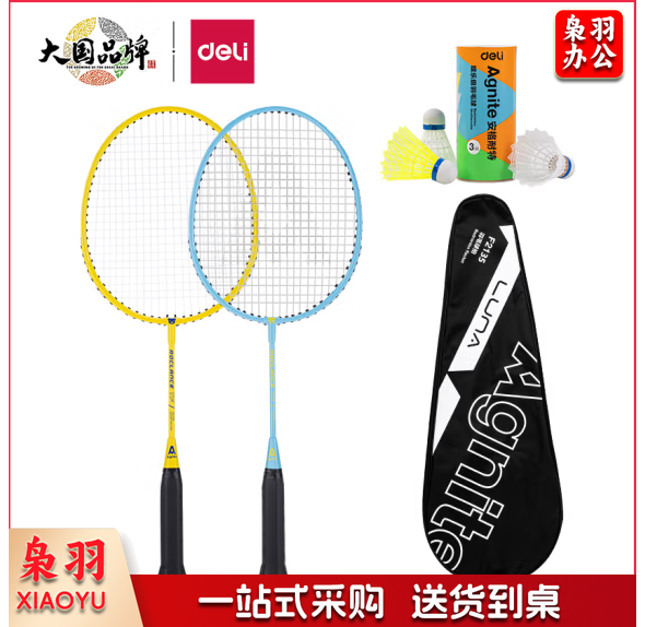 安格耐特F2135铁合金分体儿童羽毛球拍(蓝+黄)(2支副)(含三球).
