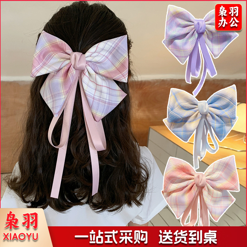 儿童jk制服蝴蝶结飘带发夹发饰后脑勺夹子学生发卡公主头饰（粉色格子）
