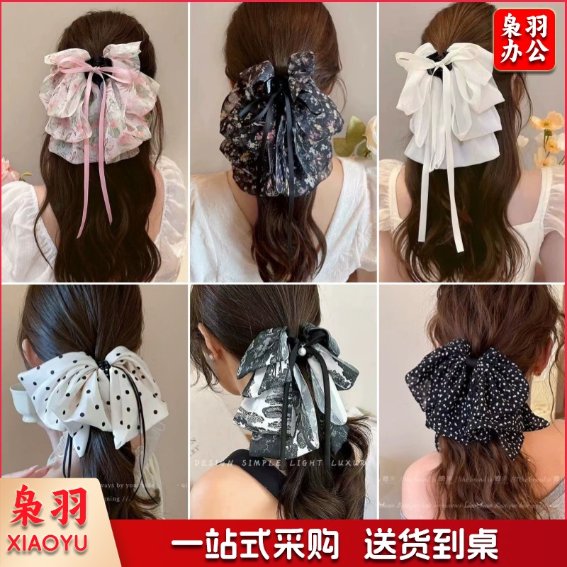 高级感蝴蝶结飘带抓夹女波点马尾夹子发卡温柔气质半扎发夹鲨鱼夹（黑色蝴蝶结）