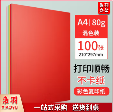 A4彩纸粉纸 10色混装/100张 得力80g彩纸彩色a4彩纸 77 57