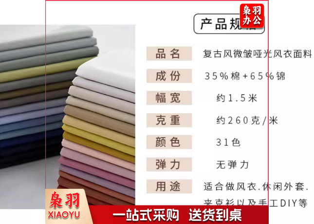 复古风微皱哑光风衣面料 布料 浅蓝色19# 0.5米/件（件）