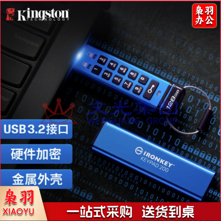 金士顿 128GB USB3.2 Gen1 U盘 IKKP200 256位AES硬件数字加密 金属外壳