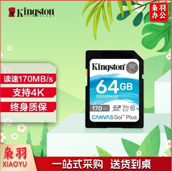 金士顿（Kingston）SDG3/64GB SD存储卡 U3 V30 相机内存卡 高速sd卡大卡 4K超高清拍摄 读速170MB/s 写速90MB/s