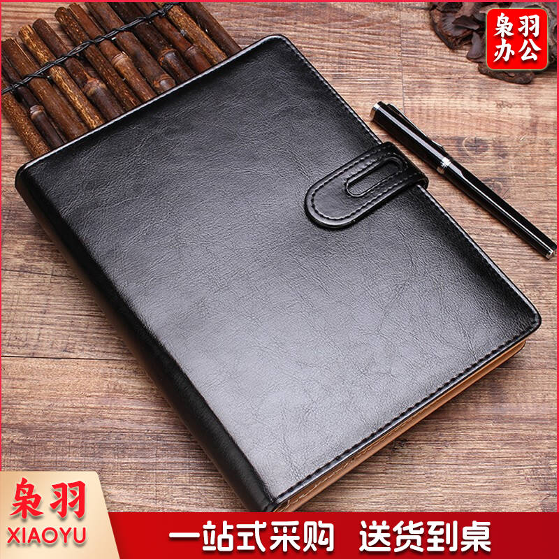 B5/16K 9孔经典商务活页本皮面本可替换内芯 95张办公会议记录记事笔记本子黑色1本