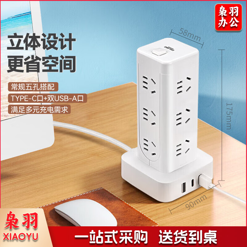 德力西(DELIXI)立式插座/插排/排插/插线板/插板/接线板/拖线板 12位五孔USB+TYPE-C总控3米过载保护