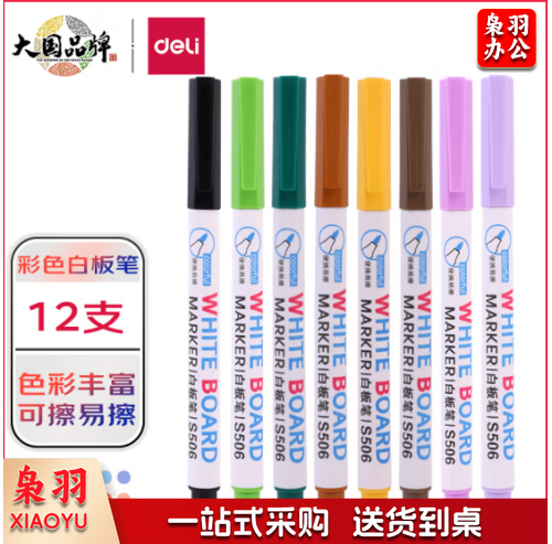 白板笔 得力(deli)彩色白板笔套装S506 12色 便捷易擦 儿童涂鸦绘画 办公教学会议