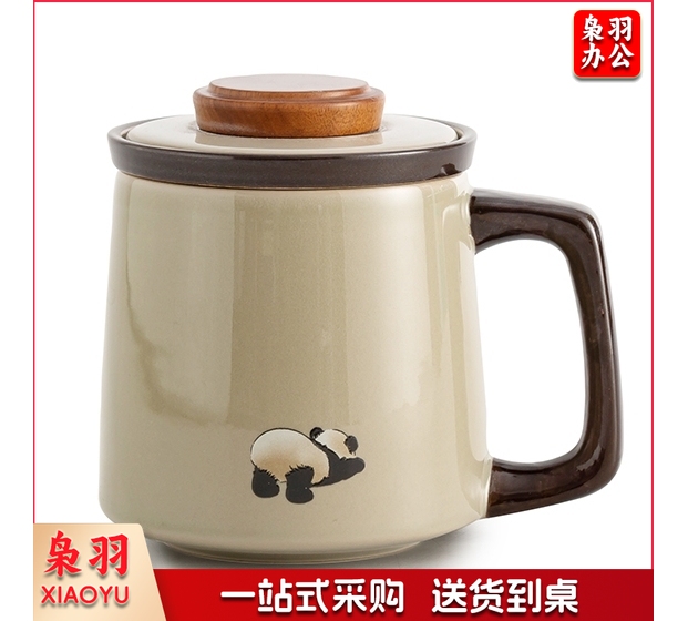梅岭先生国潮可爱熊猫高颜值陶瓷马克杯家用办公杯盖过滤杯子水杯