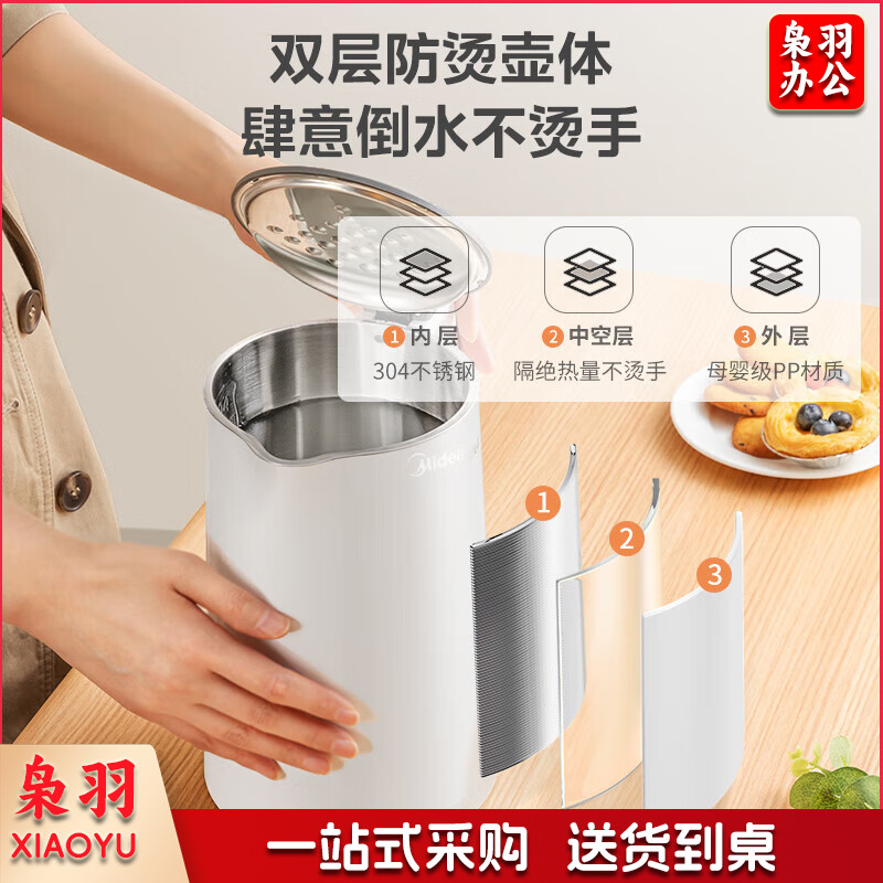 美的电水壶热水壶大容量 家用烧水壶304不锈钢 双层防烫无缝内胆电热水壶 快速烧水 1.5L 1566