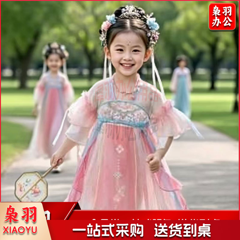汉服夏季连衣裙女孩国风夏装+襦裙+头花+眉心贴（120码）