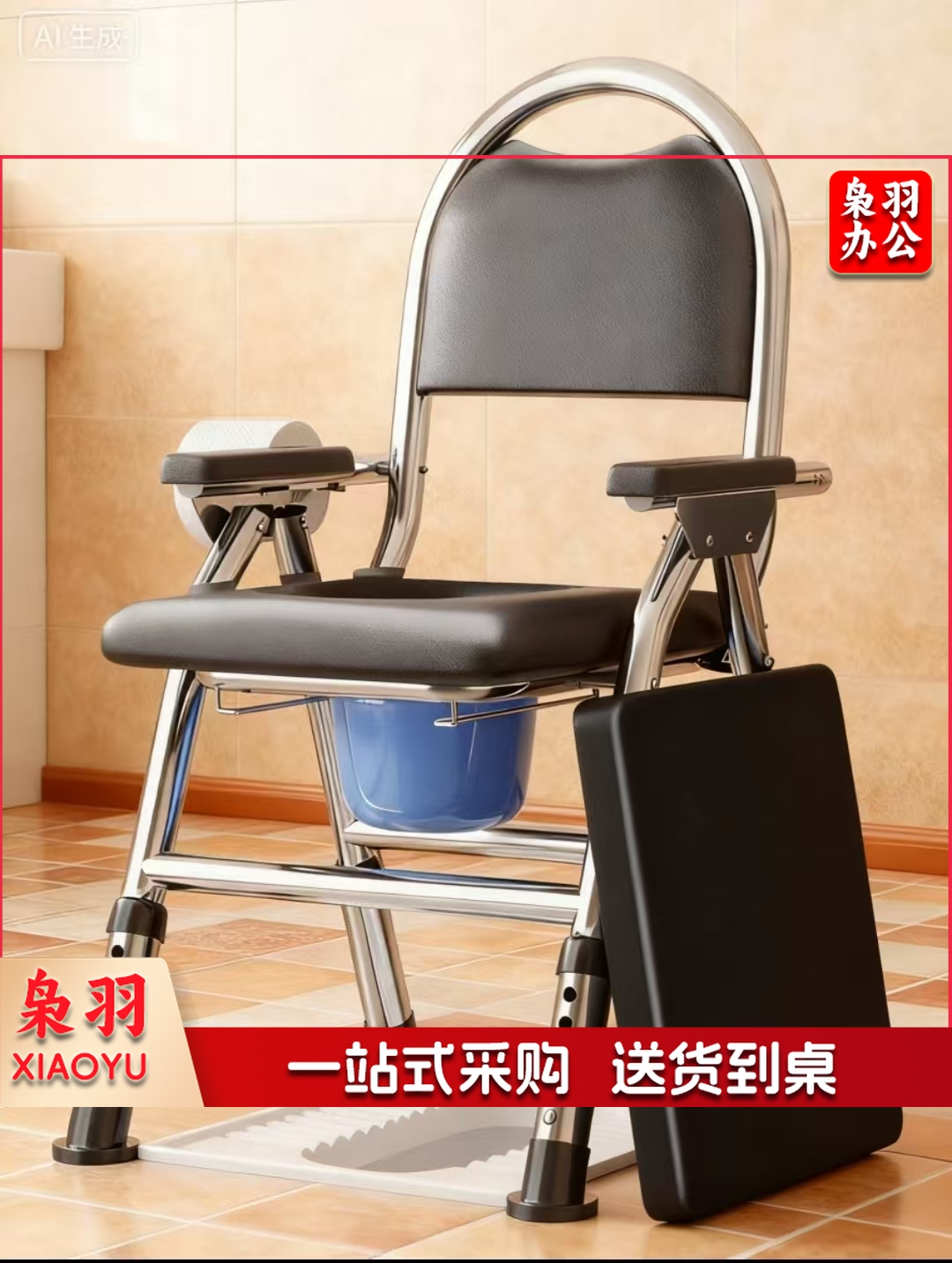 老年室内便携式坐便椅/尺寸85*95*58cm 主架材质：加厚不锈钢 防滑扶手 防滑脚垫 最大承重：150KG-180KG 高度5档可调 三种取桶方式 双层座板设计 可折叠带锁扣 皮革软垫