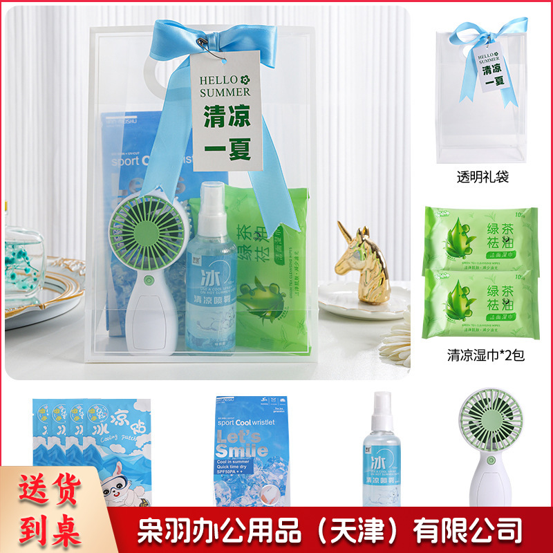 夏日防暑降温包套装礼品公司送员工福利夏季清凉礼包护士节(冰点套餐2（风扇+冰袖+清凉喷雾+湿巾+冰凉贴+吊牌）)
