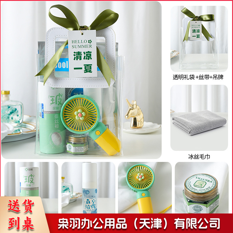夏日防暑降温包套装礼品员工福利夏季清凉礼包护士节(清凉套餐4（玻尿酸冰袖+清凉喷雾+风扇+清凉膏+冰丝毛巾+吊牌）)