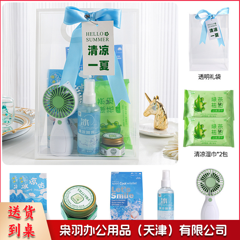 夏日防暑降温包套装礼品公司送员工福利夏季清凉礼包护士节(冰点套餐3（风扇+冰袖+清凉喷雾+驱蚊膏+冰凉贴+湿巾+吊牌）)