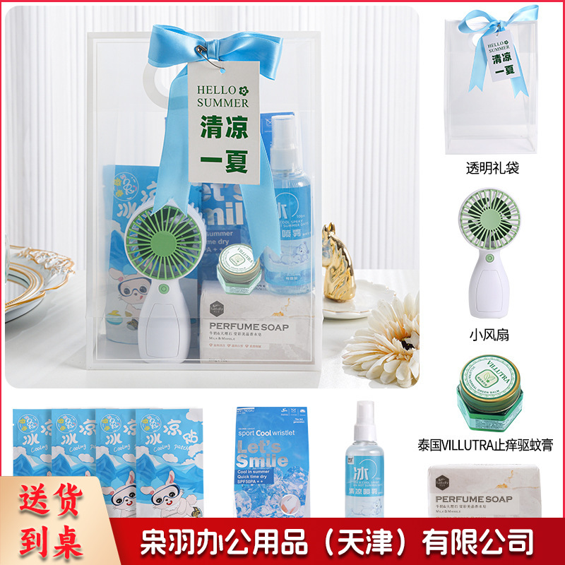 夏日防暑降温包套装礼品公司送员工福利夏季清凉礼包护士节(冰点套餐9（风扇+香氛皂+驱蚊膏+清凉喷雾+冰袖+冰凉贴+吊牌）)