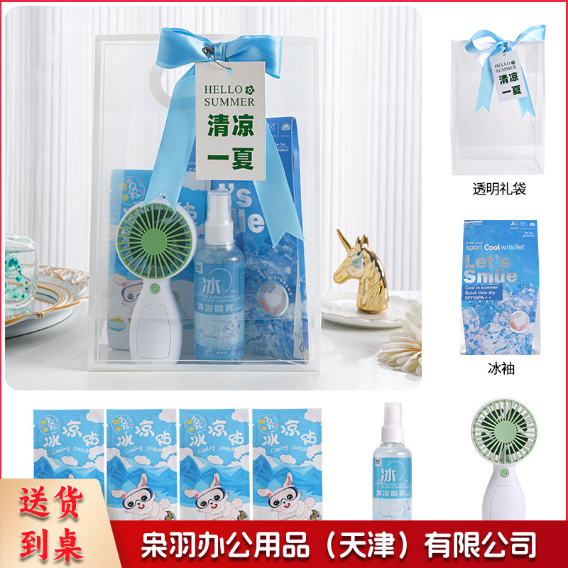 夏日防暑降温包套装礼品公司送员工福利夏季清凉礼包护士节(冰点套餐1（风扇+冰袖+清凉喷雾+冰凉贴+吊牌）)