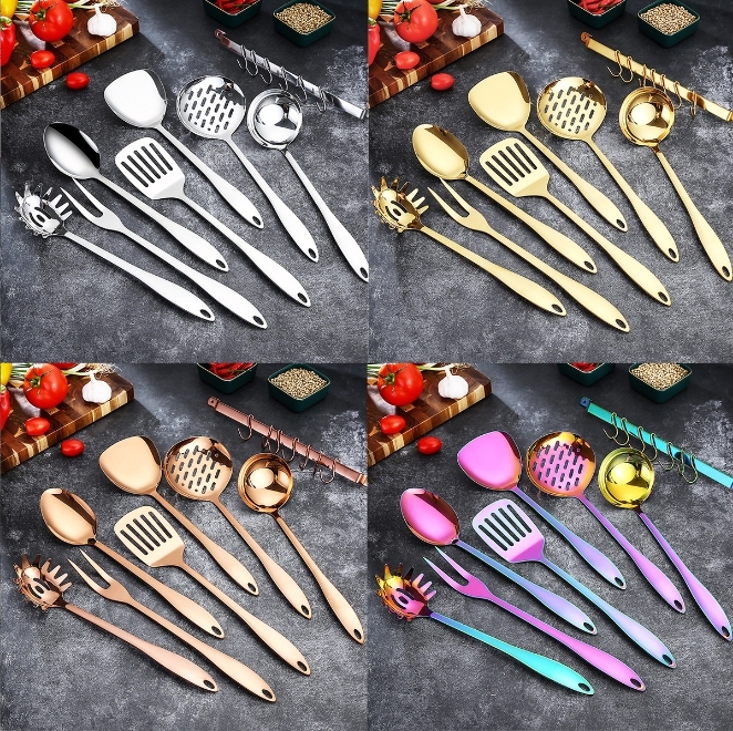 镀钛不锈钢厨具套装锅铲烹饪铲勺汤壳粉扒挂钩漏铲尖尾厨具（单个任选）
