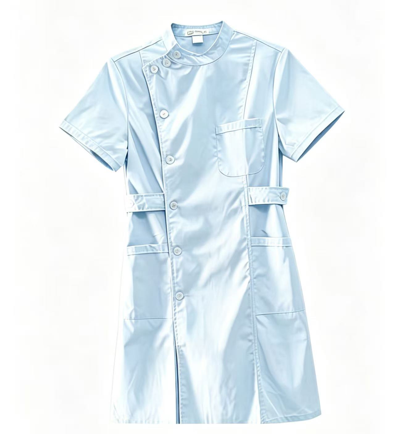 医用蓝色护士服卫校实验服短袖长款大褂药店美容院工作服