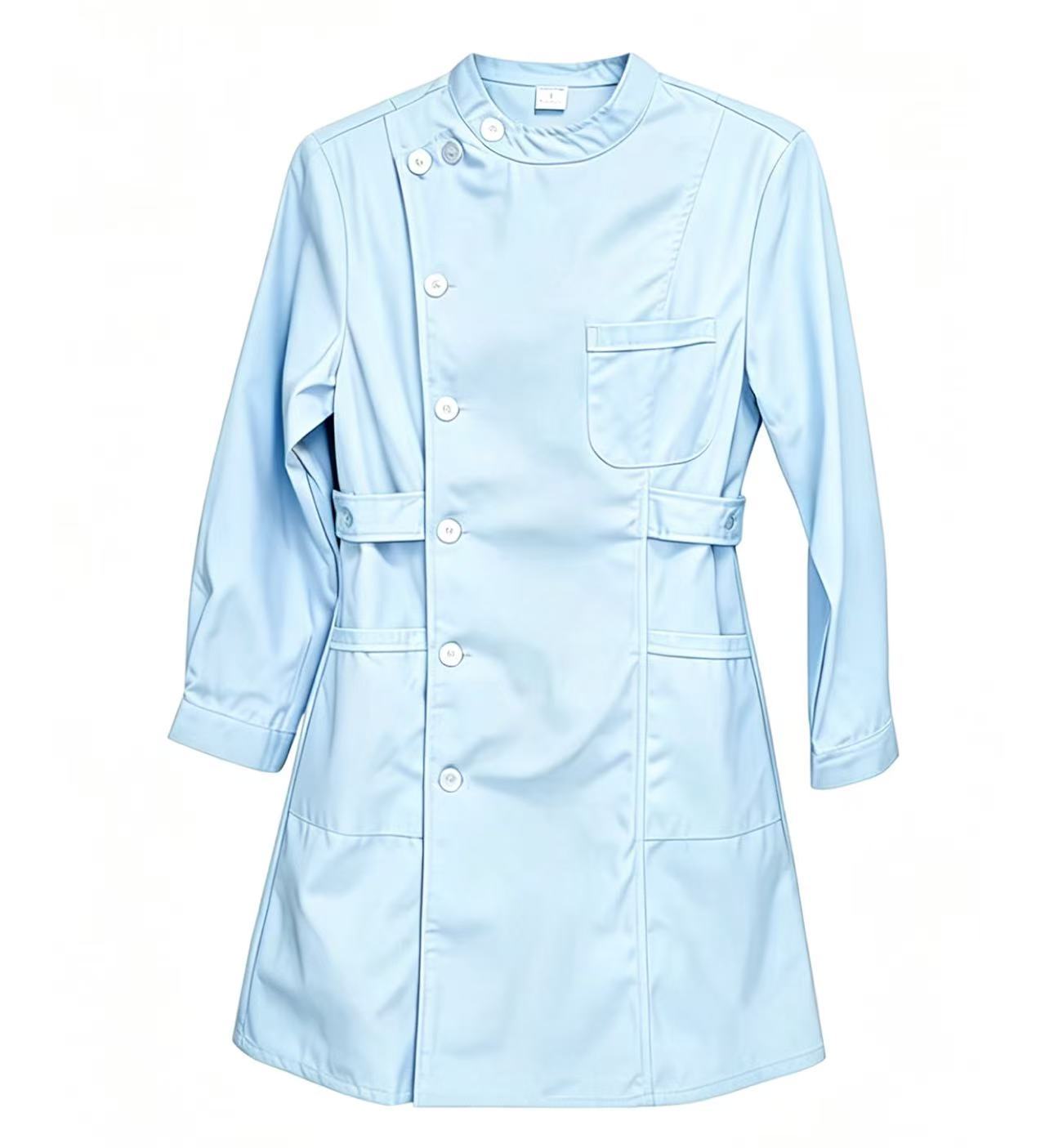 医用蓝色护士服卫校实验服长袖长款大褂药店美容院工作服