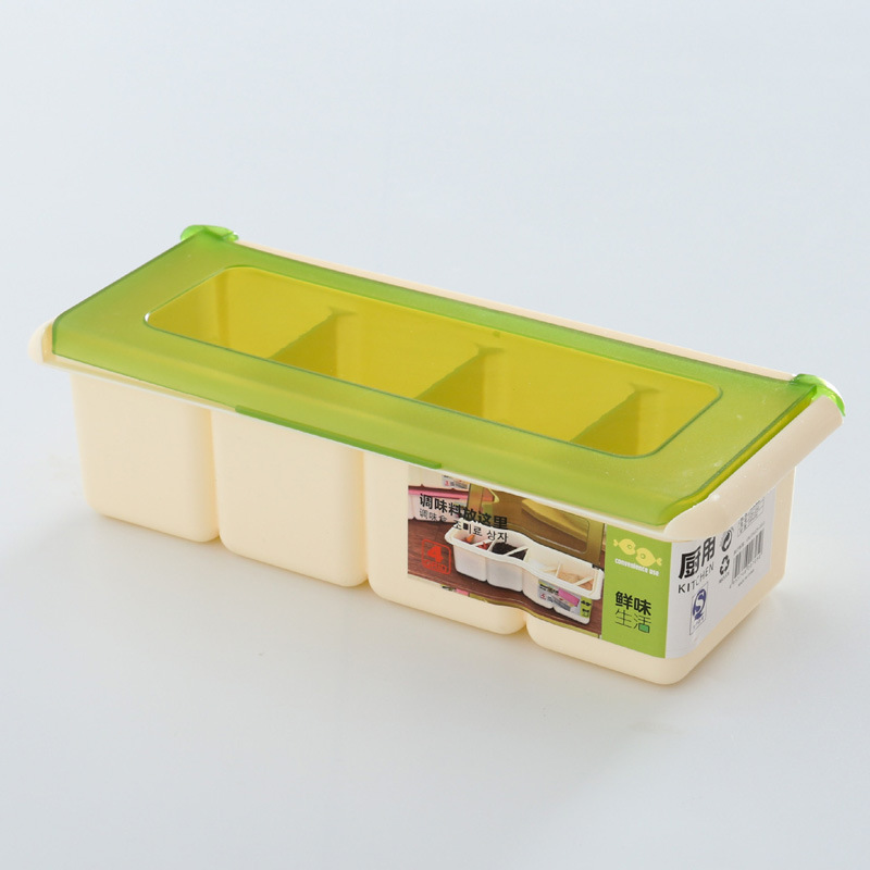 食品级塑料家用厨房用品调味瓶调料盒盐盒套装配勺四格厂家(4格彩色调味盒)---
